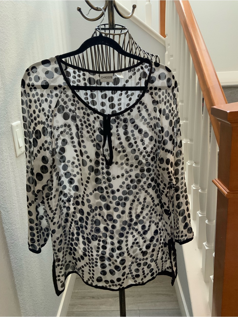 100 % Silk Chico's Black and White Polka Dot Sheer Tie-Neck Blouse XL